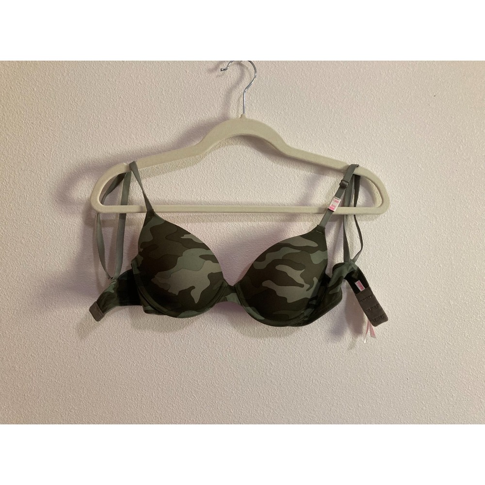 Victoria's Secret PINK‎ T-Shirt Camo Bra Size 32C Lightly Lined Green